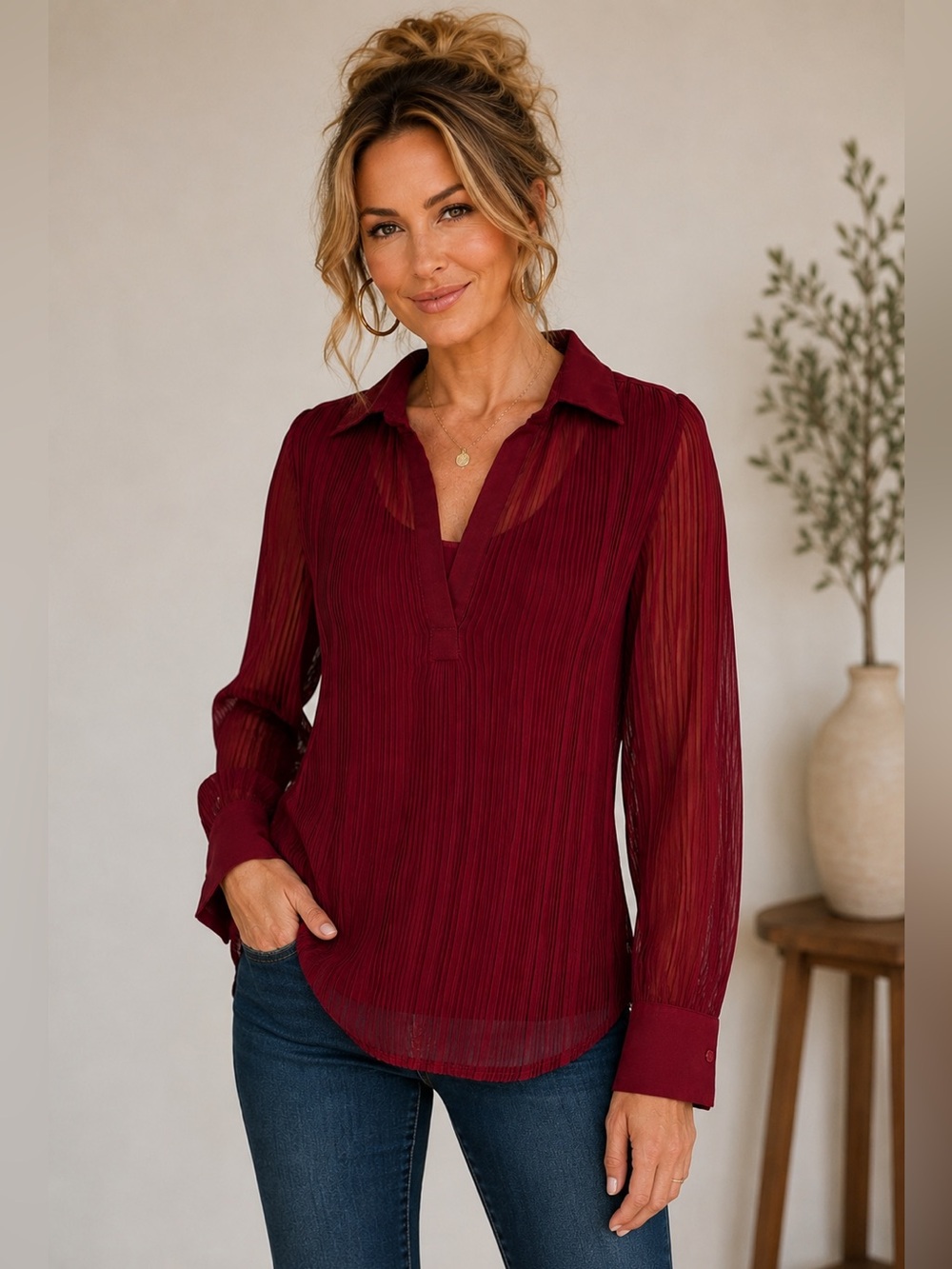 Jordan Burgundy Pleated Sheer Blouse Large Romantic Wine Long Sleeve Top
